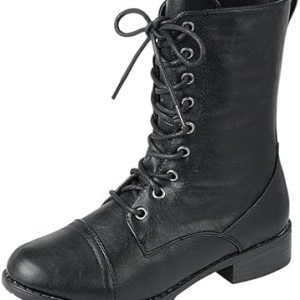 Forever Link Womens Round Toe Military Lace Up Knit Ankle Cuff Low Heel Combat Boots