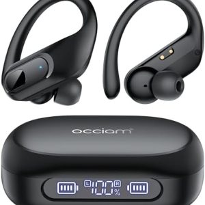 occiam Active Noise Cancelling Ear Buds Wireless Earbuds Bluetooth Headphones 96Hrs Playback LED Display Over-Ear Waterproof Earphones with Earhooks Mics Clear Call for Sport/Running/Workout Black