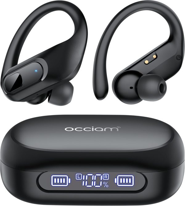occiam Active Noise Cancelling Ear Buds Wireless Earbuds Bluetooth Headphones 96Hrs Playback LED Display Over-Ear Waterproof Earphones with Earhooks Mics Clear Call for Sport/Running/Workout Black - Image 9